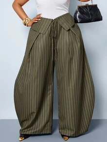 SOLERSUN Plus-Size Streetwear-Style Retro Striped Wide-Leg Trousers With Deconstructed Fold-Over Waistband - Army Green - View 5