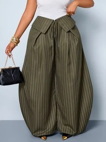 SOLERSUN Plus-Size Streetwear-Style Retro Striped Wide-Leg Trousers With Deconstructed Fold-Over Waistband - Army Green - View 4