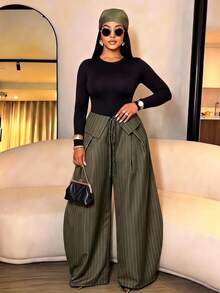 SOLERSUN Plus-Size Streetwear-Style Retro Striped Wide-Leg Trousers With Deconstructed Fold-Over Waistband - Army Green - View 3