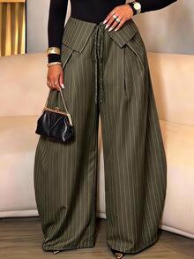 SOLERSUN Plus-Size Streetwear-Style Retro Striped Wide-Leg Trousers With Deconstructed Fold-Over Waistband - Army Green - View 1