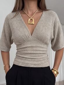 SHEIN Women Chic Minimalist Elegant Ribbed Knit Blouse, Deep V‑Neck Bust, Elbow‑Length Batwing Sleeve Ruched Fitted Cropped Casual Top Brunch Beige Summer - Apricot - View 2