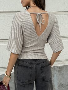 SHEIN Women Chic Minimalist Elegant Ribbed Knit Blouse, Deep V‑Neck Bust, Elbow‑Length Batwing Sleeve Ruched Fitted Cropped Casual Top Brunch Beige Summer - Apricot - View 3