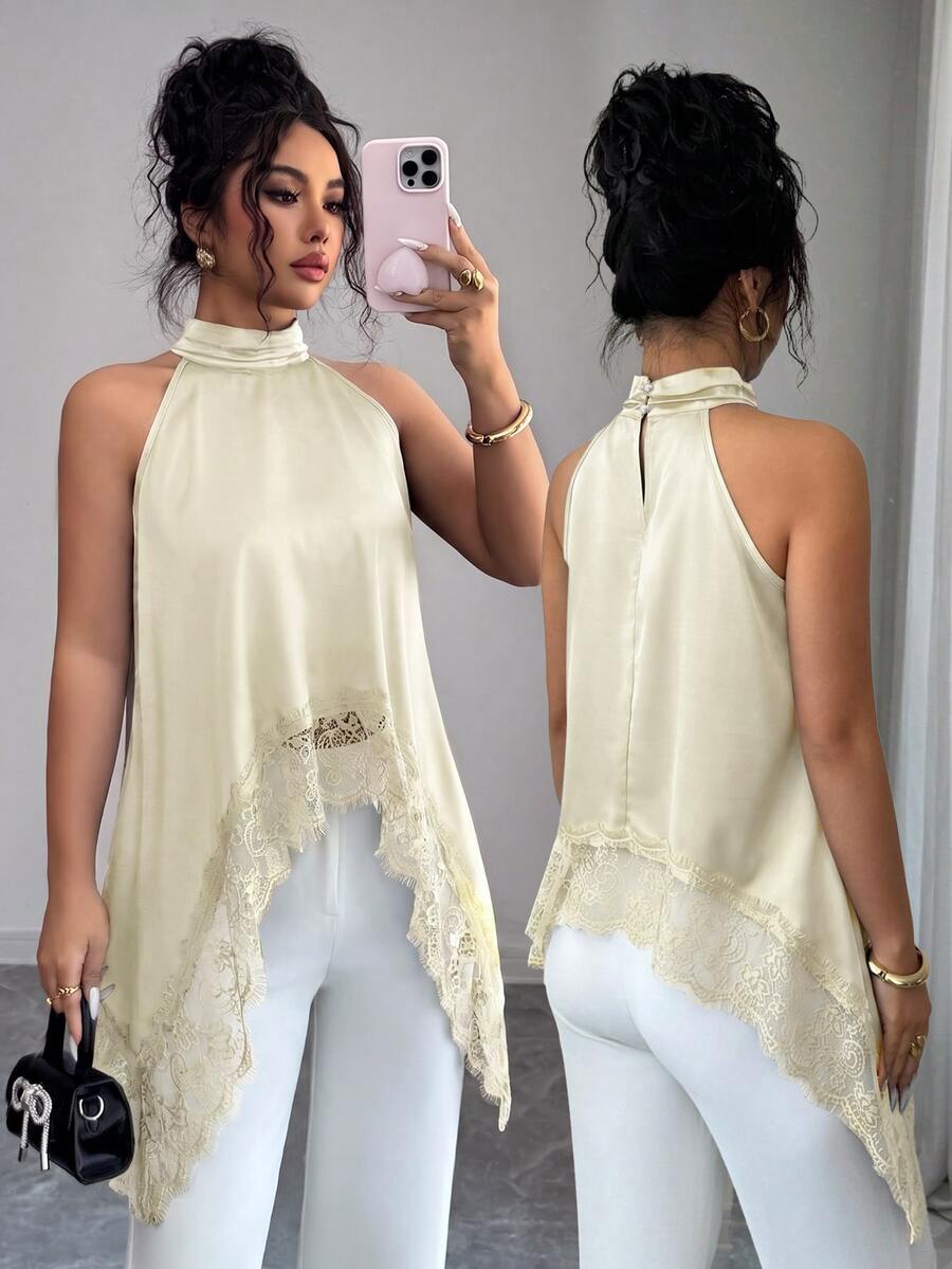 SHEIN Elenzya Women's Elegant Elegant Vacation Style Solid Color Satin Contrast Lace Asymmetrical Hem Halter Top, Summer - Yellow - View 1