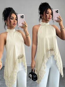 SHEIN Elenzya Women's Elegant Elegant Vacation Style Solid Color Satin Contrast Lace Asymmetrical Hem Halter Top, Summer - Yellow - View 7