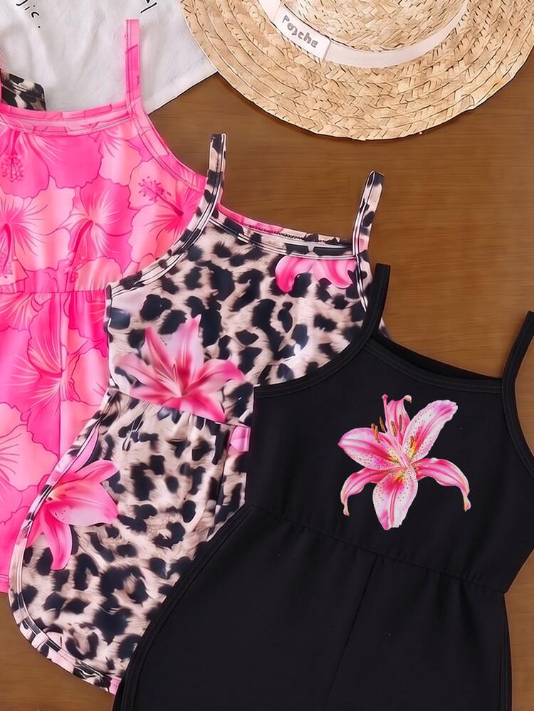 1pc Random, Baby Girl Summer New Soft Fabric Large Floral Print Spaghetti Strap Round Neck Casual Romper, Holiday Vacation Style Cute Style - Multicolor - View 3