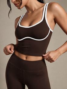SHEIN Sports 女式日常健身运动短款下摆背心 - 咖啡棕 - 查看 4