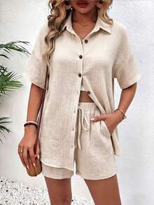 EMERY ROSE Women's Solid Color Short Sleeve Single-Breasted Shirt And Shorts 2 Pieces Set Beach Vacation Beige Summer Tropical European - Apricot - View 8