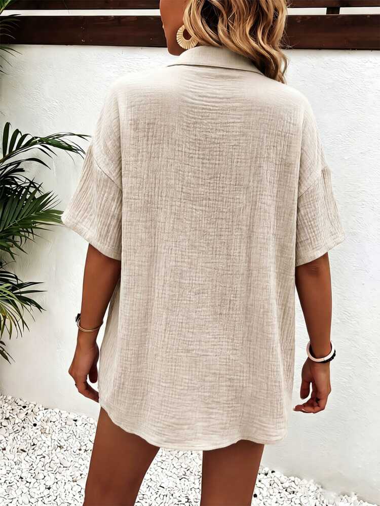 EMERY ROSE Women's Solid Color Short Sleeve Single-Breasted Shirt And Shorts 2 Pieces Set Beach Vacation Beige Summer Tropical European - Apricot - View 2