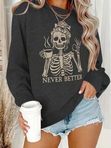 EMERY ROSE Skull Pattern Crew Neck Long Sleeve Fashionable Women Sweatshirt - Black - View 1