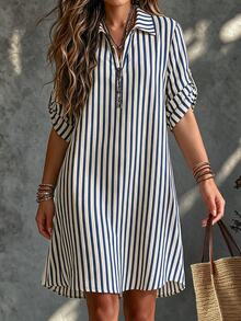 SHEIN Tall CURVE 大尺碼女款法式休閒熱帶夏季短袖V領長版洋裝，白色滿版正式度假早午餐洋裝 - 彩色 - 查看 9