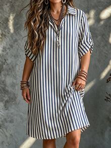 SHEIN Tall CURVE 大尺碼女款法式休閒熱帶夏季短袖V領長版洋裝，白色滿版正式度假早午餐洋裝 - 彩色 - 查看 2