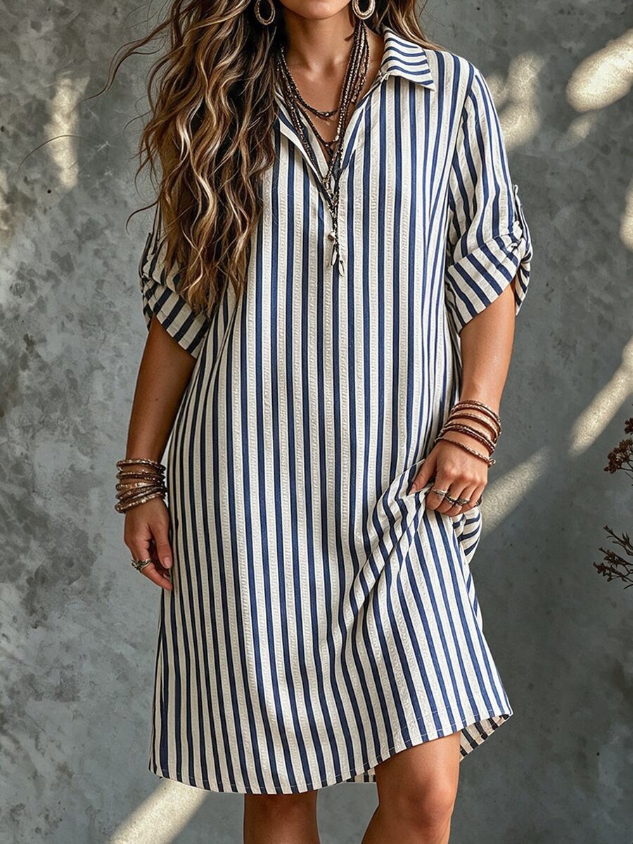 SHEIN Tall CURVE 大尺碼女款法式休閒熱帶夏季短袖V領長版洋裝，白色滿版正式度假早午餐洋裝