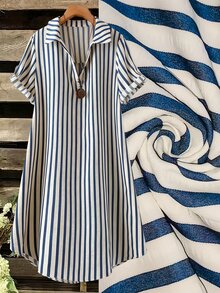SHEIN Tall CURVE 大尺碼女款法式休閒熱帶夏季短袖V領長版洋裝，白色滿版正式度假早午餐洋裝 - 彩色 - 查看 4