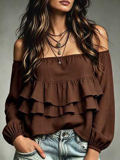 Trelyra Women Boho Off Shoulder Tiered Ruffle Blouse, Elastic Cuff Lantern Long Sleeve Solid Color Casual Cropped Top, Western Hippie Vacation Flowy Shirt