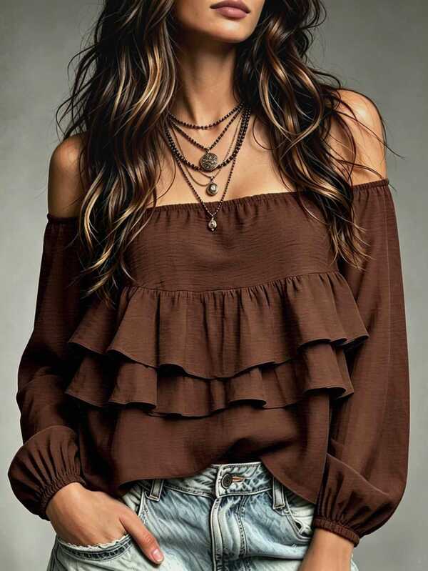 Trelyra Women Boho Off Shoulder Tiered Ruffle Blouse, Elastic Cuff Lantern Long Sleeve Solid Color Casual Cropped Top, Western Hippie Vacation Flowy Shirt