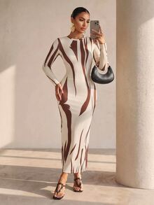 Structelle Fashionable Commuter Colorblock Printed Slim Fit Long Dress - Multicolor - View 5
