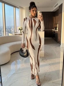 Structelle Fashionable Commuter Colorblock Printed Slim Fit Long Dress - Multicolor - View 3
