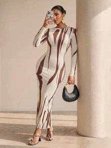 Structelle Fashionable Commuter Colorblock Printed Slim Fit Long Dress - Multicolor - View 1