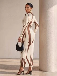 Structelle Fashionable Commuter Colorblock Printed Slim Fit Long Dress - Multicolor - View 2