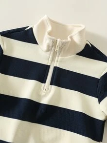 SHEIN Baby Boy Striped Pattern Knitted Soft Round Neck Long Sleeve Half-Zip Pullover Autumn Winter Sweatshirt, Versatile And Comfortable - Multicolor - View 6