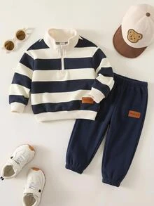 SHEIN Baby Boy Striped Pattern Knitted Soft Round Neck Long Sleeve Half-Zip Pullover Autumn Winter Sweatshirt, Versatile And Comfortable - Multicolor - View 4