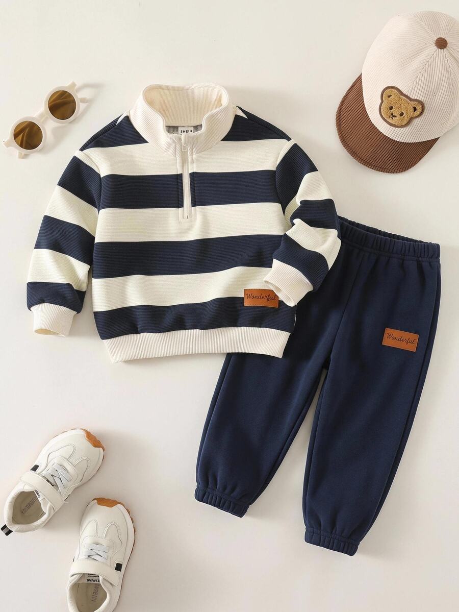 SHEIN Baby Boy Striped Pattern Knitted Soft Round Neck Long Sleeve Half-Zip Pullover Autumn Winter Sweatshirt, Versatile And Comfortable - Multicolor - View 1