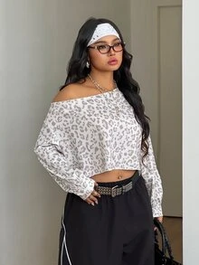 Coolane Women's Plus Size Autumn Streetwear Casual Kawaii Vacation Formal Brunch Office Club Y2k Leopard Print Asymmetric Collar White Sweatshirt - Apricot - View 4