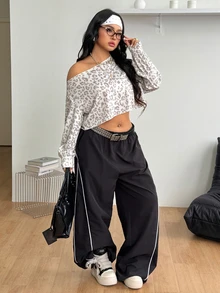 Coolane Women's Plus Size Autumn Streetwear Casual Kawaii Vacation Formal Brunch Office Club Y2k Leopard Print Asymmetric Collar White Sweatshirt - Apricot - View 6