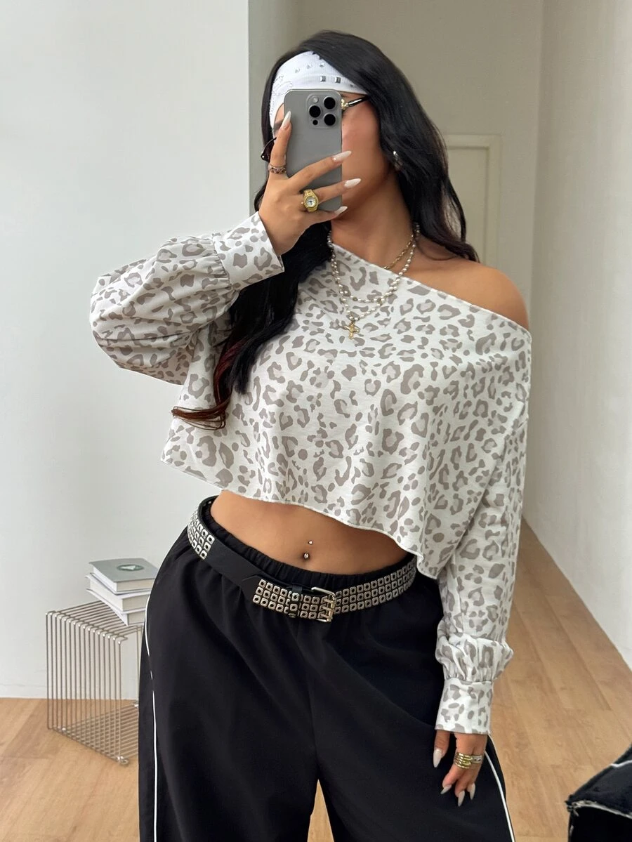 Coolane Women's Plus Size Autumn Streetwear Casual Kawaii Vacation Formal Brunch Office Club Y2k Leopard Print Asymmetric Collar White Sweatshirt