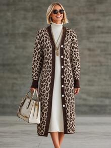Wandoria Women's Fall V-Neck Leopard Print Fashion Design Mid-Length Fitted Personalized Stylish Casual Elegant Sophisticated Knit Cardigan Brunch Grey - Coffee Brown - View 3
