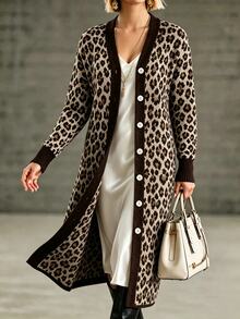 Wandoria Women's Fall V-Neck Leopard Print Fashion Design Mid-Length Fitted Personalized Stylish Casual Elegant Sophisticated Knit Cardigan Brunch Grey - Coffee Brown - View 1