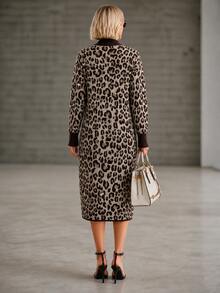 Wandoria Women's Fall V-Neck Leopard Print Fashion Design Mid-Length Fitted Personalized Stylish Casual Elegant Sophisticated Knit Cardigan Brunch Grey - Coffee Brown - View 2