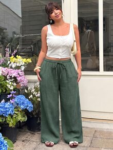 GalTyme 深綠色大尺碼女款綁腰寬鬆休閒軟挺長褲 正式度假秋季辦公褲 - 墨綠色 - 查看 5