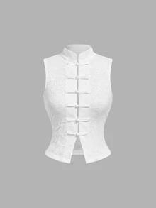 SHEIN MOD White Lace Stand Collar Frog Button Vest, Fall, Summer Wedding Outfits, Country Concert, Elegant French Retro, Coffee Date Night Party, Vintage - White - View 2