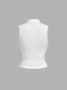 SHEIN MOD White Lace Stand Collar Frog Button Vest, Fall, Summer Wedding Outfits, Country Concert, Elegant French Retro, Coffee Date Night Party, Vintage - White - View 3