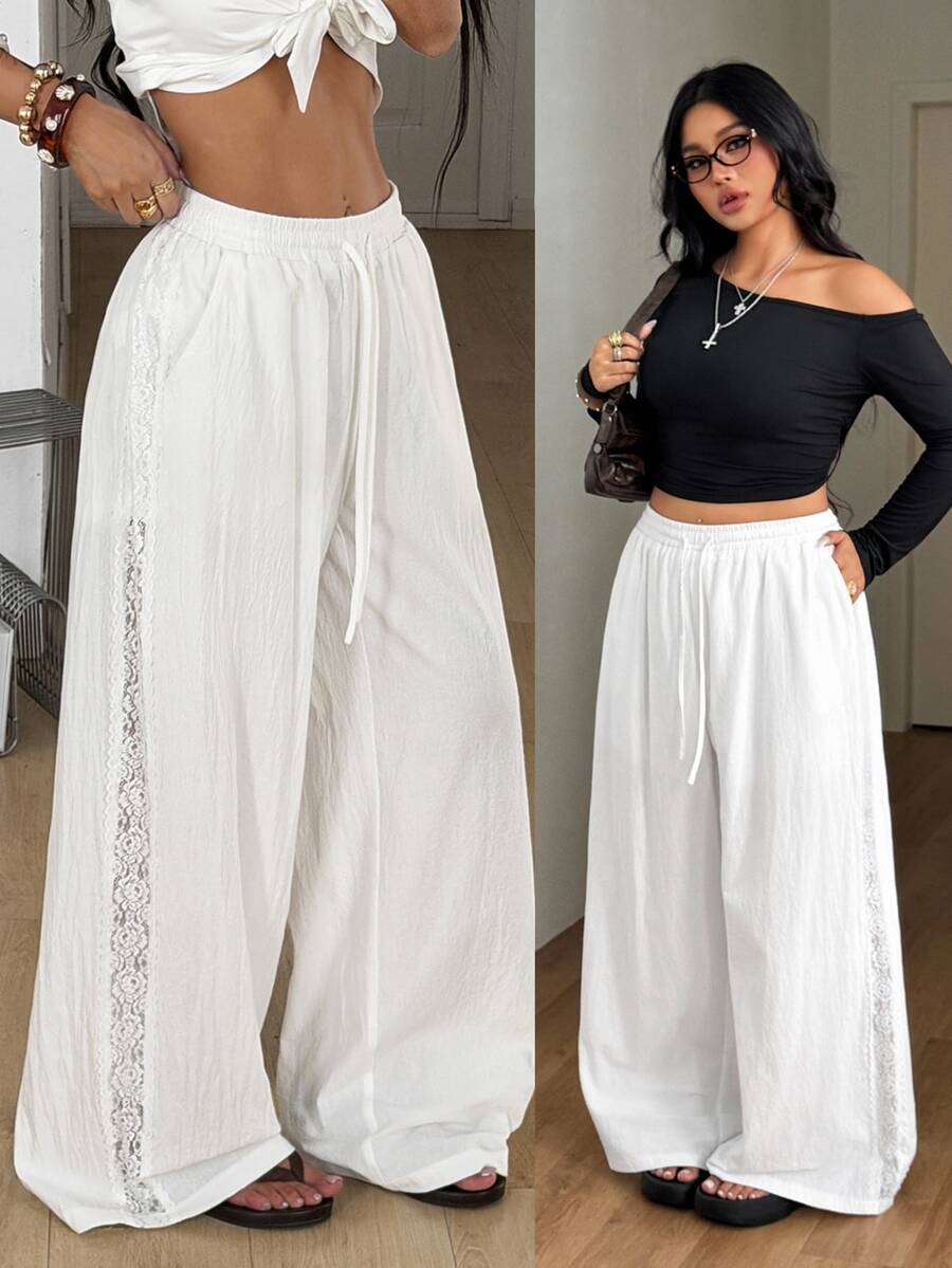 Coolane Women's Plus Size Summer Fall Going Out Vacation Beach Holiday Casual Elegant Boho Drawstring Waist Cotton Loose High-Waist White Lace Pants