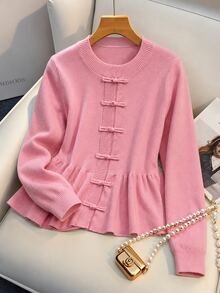 SHEIN Franclia 女款秋冬新款中式風格青蛙鈕扣針織開襟衫，圓領、收腰、荷葉邊下擺、短版、粉色，前開襟針織上衣 - 粉色 - 查看 3