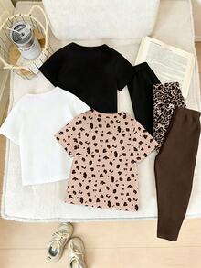SHEIN 6件套女童休闲时尚创意可爱豹纹、爱心、蝴蝶、卡通兔子、小熊印花短袖T恤和打底裤套装，舒适日常穿着，适合春、夏、秋季。 - 彩色 - 查看 3