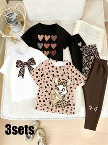 SHEIN 6件套女童休闲时尚创意可爱豹纹、爱心、蝴蝶、卡通兔子、小熊印花短袖T恤和打底裤套装，舒适日常穿着，适合春、夏、秋季。 - 彩色 - 查看 4