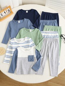 SHEIN 10件組男嬰秋冬針織柔軟圓領長袖套頭上衣與鬆緊腰長褲基礎多件T恤褲子套裝，嬰兒服飾 - 彩色 - 查看 3