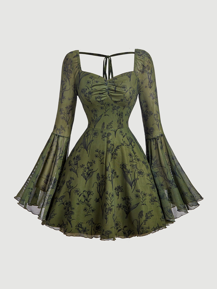 SHEIN MOD Women's Floral Print Pleated Casual Party Mini Dress - Army Green - View 5