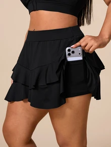 SHEIN Rhythm Era Women's Plus Size Solid Color Casual Versatile Daily Wear Sports Skorts - Black - View 6