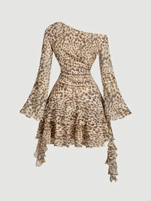 SHEIN MOD Leopard Print Ruffle Asymmetric Neck Dress - Multicolor - View 5