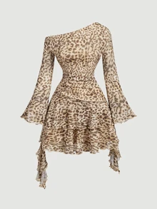 SHEIN MOD Leopard Print Ruffle Asymmetric Neck Dress - Multicolor - View 3