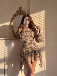 SHEIN MOD Leopard Print Ruffle Asymmetric Neck Dress - Multicolor - View 2