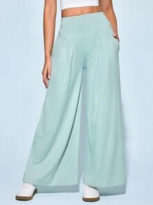 SHEIN Women's Sports Low Waist Yoga Outdoor Gym Workout Leggings Wide Leg Pants With Wide Waistband Drawstring Light V-Shaped Ruched Emerald Green Summer - Green - View 2