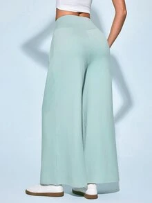SHEIN Women's Sports Low Waist Yoga Outdoor Gym Workout Leggings Wide Leg Pants With Wide Waistband Drawstring Light V-Shaped Ruched Emerald Green Summer - Green - View 5