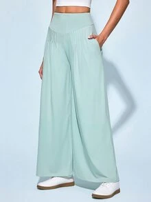 SHEIN Women's Sports Low Waist Yoga Outdoor Gym Workout Leggings Wide Leg Pants With Wide Waistband Drawstring Light V-Shaped Ruched Emerald Green Summer - Green - View 3