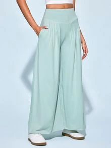 SHEIN Women's Sports Low Waist Yoga Outdoor Gym Workout Leggings Wide Leg Pants With Wide Waistband Drawstring Light V-Shaped Ruched Emerald Green Summer - Green - View 4