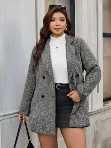 Chikora Plus Size Autumn/Winter Casual Double-Breasted Wool Blend Coat - Grey - View 7
